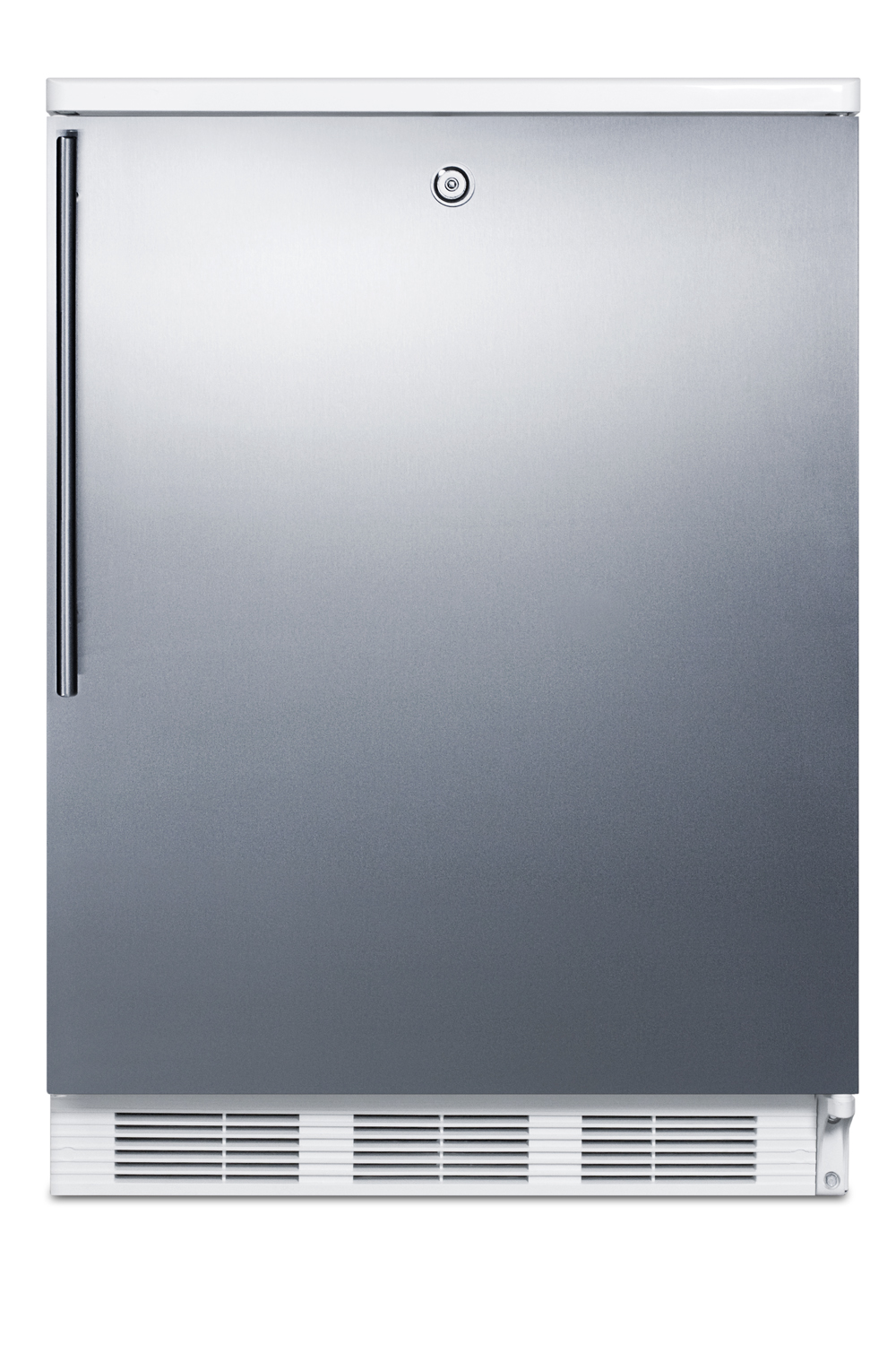 Commercially listed built-in undercounter all-refrigerator for general purpose use, auto defrost w/lock, SS wrapped door, thin handle, and white cabinet